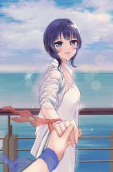 Rule 34 | 1girl, absurdres, artist name, artist request, asaka karin, blue eyes, blue hair, blue sky, blue wristband, blush, breasts, cloud, collarbone, collared jacket, dark blue hair, day, female focus, flat chest, highres, jacket, looking at viewer, love live!, love live! nijigasaki high school idol club, medium hair, ocean, orange ribbon, outdoors, own hands together, parted lips, ribbon, shirt, short hair, sky, small breasts, smile, solo, sparkle, white jacket, white shirt, wirstband, wrist ribbon