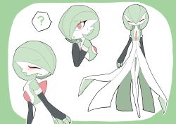 Rule 34 | 1girl, ^ ^, absurdres, back, black gloves, blush, bob cut, border, bridal gauntlets, bright pupils, closed eyes, closed mouth, colored skin, creatures (company), elbow gloves, female focus, flat chest, flat color, from behind, game freak, gardevoir, gen 3 pokemon, gloves, green border, green hair, green skin, hair over one eye, hand up, happy, heart, highres, ibuki (i b i 07k), jpeg artifacts, looking at viewer, multicolored skin, multiple views, nintendo, open mouth, outline, outside border, pokemon, pokemon (creature), red eyes, short hair, sideways mouth, simple background, sketch, smile, speech bubble, spoken heart, standing, straight-on, two-tone skin, white background, white outline, white pupils, white skin