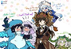 Rule 34 | 2boys, 3girls, absurdres, ahoge, animal costume, apep (genshin impact), aqua hair, azhdaha (genshin impact), black hair, black necktie, blue eyes, blunt bangs, braid, brown eyes, carrying, commentary, crossed arms, crying, crying with eyes open, dragon costume, dvalin (genshin impact), elbow gloves, english commentary, english text, furina (genshin impact), genshin impact, gloves, gradient hair, green eyes, hair between eyes, height difference, heterochromia, highres, kodona, lolita fashion, long hair, long sleeves, looking at another, low ponytail, low twintails, multicolored hair, multiple boys, multiple girls, nahida (genshin impact), necktie, neuvillette (genshin impact), orobashi (genshin impact), piggyback, pointy ears, pout, purple eyes, raiden shogun, sesield, side ponytail, sidelocks, simple background, single braid, size difference, sketch, streaked hair, tears, twin braids, twintails, two-tone hair, venti (genshin impact), wavy hair, wavy mouth, zhongli (genshin impact)