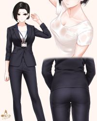 Rule 34 | 1girl, artist logo, ass, asymmetrical hair, back, black hair, black jacket, black pants, black suit, breasts, cleavage, closed mouth, collarbone, cowboy shot, expressionless, eyes visible through hair, facing viewer, formal, gradient hair, highres, id card, infinote, jacket, lanyard, lips, looking to the side, medium breasts, multicolored hair, multiple views, original, pant suit, pants, pantylines, parted bangs, shirt, short hair, signature, simple background, straight hair, suit, sweat, t-shirt, wet, wet clothes, wet shirt, white background, white shirt, yashiki yuuko (infinote)