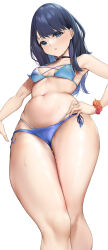 Rule 34 | 1girl, absurdres, bikini, blue eyes, blue hair, breasts, check commentary, choker, commentary, commentary request, curvy, eyelashes, from below, gridman universe, hair over shoulder, hand on own hip, highres, knees, long bangs, long hair, looking at viewer, medium breasts, navel, outstretched arm, panties, parted lips, print bikini, scrunchie, simple background, solo, ssss.gridman, stomach, sweat, swimsuit, takarada rikka, thick thighs, thighs, underwear, wet, white background, wrist scrunchie, zah takara