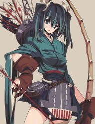 Rule 34 | 10s, 1girl, :o, aqua eyes, aqua hair, arrow (projectile), bad id, bad pixiv id, bow, gloves, grey background, hair bow, highres, japanese clothes, kantai collection, long hair, maikeru (dk maikel), quiver, simple background, solo, souryuu (kancolle), twintails, weapon, wide sleeves