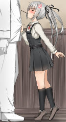 Rule 34 | 10s, 1boy, 1girl, admiral (kancolle), anger vein, angry, arms at sides, asymmetrical hair, baretto (karasi07), belt, black dress, black ribbon, black socks, blunt bangs, blush, brown footwear, buttons, closed eyes, collared shirt, dress, eyebrows, from side, gloves, hair ribbon, height difference, highres, indoors, jacket, jacket tug, kantai collection, kasumi (kancolle), kneehighs, loafers, long hair, long sleeves, lower body, motion lines, mouth hold, out of frame, pants, pocky day, profile, red ribbon, ribbon, shirt, shoes, side ponytail, silver hair, sleeveless, sleeveless dress, socks, solo focus, sweat, tiptoes, trembling, white footwear, white gloves, white jacket, white pants, white shirt, wing collar, wooden floor, wooden wall