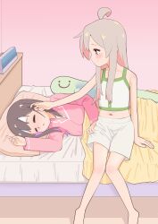 Rule 34 | 2girls, absurdres, ahoge, bare arms, bare legs, bare shoulders, barefoot, bed, black hair, blush, c:, closed eyes, colored inner hair, commentary, feet out of frame, genderswap, genderswap (mtf), grey hair, hair down, hand in another&#039;s hair, happyundergate, highres, indoors, knees together feet apart, long hair, long sleeves, looking at another, lying, midriff, multicolored hair, multiple girls, navel, on bed, on side, onii-chan wa oshimai!, open mouth, oyama mahiro, oyama mihari, pajamas, pillow, pink hair, pink pajamas, purple hair, shorts, siblings, sick, sidelocks, sisters, sitting, sleeping, smile, stuffed toy, two-tone hair, white shorts