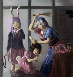 Rule 34 | 3girls, adapted costume, amibazh, animal ears, barefoot, beaker, blazer, blue dress, bow, braid, breasts, broken glass, brown hair, buck teeth, carrot necklace, collared shirt, crying, dress, ears down, flask, giggling, glass, grabbing another&#039;s ear, hair bow, hand on another&#039;s ear, hat, holding, holding behind back, inaba tewi, indoors, interlocked fingers, jacket, jewelry, large breasts, long hair, long sleeves, looking to the side, multicolored clothes, multicolored dress, multiple girls, necklace, necktie, nurse cap, obi, own hands together, pink dress, pleated skirt, purple hair, purple skirt, rabbit ears, rabbit tail, red dress, red necktie, reisen udongein inaba, role reversal, sash, shiny clothes, shirt, short sleeves, silver hair, single braid, size difference, skirt, slingshot (weapon), spanking, spilling, stool, table, tail, teeth, touhou, very long hair, vial, white shirt, yagokoro eirin