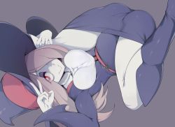 Rule 34 | 1girl, bad id, bad twitter id, belt, boots, breasts, closed mouth, dress, grey background, hair over one eye, hat, highres, light purple hair, little witch academia, long hair, long sleeves, pale skin, purple footwear, purple hat, red eyes, simple background, slugbox, smile, solo, sucy manbavaran, upside-down, v, witch, witch hat