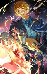 Rule 34 | 1boy, blonde hair, blue eyes, chain, cigarette, curly eyebrows, facial hair, fire, formal, from above, grin, hair over one eye, hand in pocket, highres, holding, holding cigarette, leg up, long sleeves, male focus, necktie, oboro keisuke, one piece, sanji (one piece), short hair, smile, smoke, solo, suit