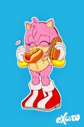Rule 34 | absurdres, amy rose, breasts, chili dog, excito, fat, female focus, food, food in mouth, highres, medium breasts, nude, sexually suggestive, sonic (series), speech bubble