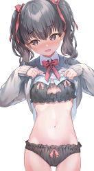 Rule 34 | 1girl, absurdres, black bra, black eyes, black hair, black panties, blush, bow, bow bra, bow panties, bowtie, bra, breasts, cinderella bust, cleavage cutout, clothes lift, clothing cutout, collared shirt, commentary request, cowboy shot, embarrassed, fang, frilled bra, frilled panties, frills, grey sweater, hair ribbon, highres, lifted by self, lingerie, looking to the side, medium hair, namikishiho, navel, nose blush, open mouth, original, panties, red neckwear, red ribbon, ribbon, school uniform, shirt, simple background, skin fang, small breasts, solo, sweater, sweater lift, thigh gap, twintails, underwear, white background