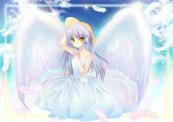 Rule 34 | alternate costume, angel, angel beats!, angel wings, arm up, bare arms, blue sky, blush, bow, closed mouth, cloud, collarbone, commentary, dress, dress bow, eyes visible through hair, falling feathers, feathered wings, feathers, full body, hair between eyes, hand up, hat, hat ribbon, highres, light smile, long hair, looking at viewer, ralicejuri, ribbon, sitting, sky, straight hair, straw hat, sundress, tenshi (angel beats!), white bow, white dress, white feathers, white hair, white ribbon, white wings, wings, yellow eyes