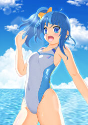Rule 34 | 1girl, blue eyes, blue hair, blue sky, blunt bangs, breasts, cloud, competition swimsuit, covered navel, cut bangs, day, fujii-tei, highleg, highleg swimsuit, highres, hirogaru sky! precure, horizon, long hair, looking at viewer, ocean, one-piece swimsuit, open mouth, outdoors, precure, sky, small breasts, smile, solo, sora harewataru, swimsuit, two-tone one-piece swimsuit, white one-piece swimsuit