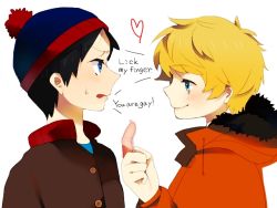 Rule 34 | 2boys, bad id, bad pixiv id, beanie, black hair, blonde hair, blue eyes, coat, condom, english text, eye contact, hat, heart, hood, kenny mccormick, looking at another, multiple boys, naoko (juvenile), open mouth, simple background, smile, south park, stan marsh, sweatdrop, white background