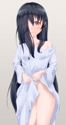 Rule 34 | 1girl, azumawari (azumofu), black hair, blush, breasts, clothes lift, dress, dress lift, eyes visible through hair, female focus, hair between eyes, hair over one eye, highres, lifted by self, long hair, long sleeves, looking at viewer, no panties, off-shoulder, one eye covered, open mouth, red eyes, simple background, solo, the ring, very long hair, wide sleeves, yamamura sadako