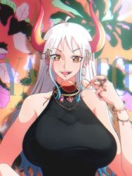 Rule 34 | 1girl, absurdres, ahoge, bare shoulders, bracelet, breasts, brown eyes, club, club (weapon), curled horns, ear piercing, earrings, hair ornament, hair stick, highres, horns, huge breasts, jewelry, kanabou, large breasts, looking at viewer, multicolored horns, necklace, one piece, oni, opalis, open mouth, orange horns, piercing, ring, shirt, sleeveless, sleeveless shirt, smile, solo, upper body, weapon, white hair, yamato (one piece)
