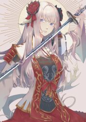 Rule 34 | 1girl, aeriselle, armor, au ra, blue eyes, commission, final fantasy, final fantasy xiv, flower, hair flower, hair ornament, halo, halo behind head, head tilt, highres, holding, holding sword, holding weapon, horns, japanese armor, katana, long hair, looking at viewer, parted lips, pink hair, red flower, red rose, rose, samurai (final fantasy), shoulder armor, sode, solo, sword, tail, warrior of light (ff14), weapon