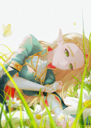 Rule 34 | 1girl, blonde hair, blue shirt, bridal gauntlets, bug, butterfly, butterfly on hand, commentary request, elbow gloves, fingerless gloves, flower, gloves, green eyes, highres, insect, long hair, lying, nintendo, on grass, on side, parted bangs, parted lips, pointy ears, princess zelda, shirt, signature, solo, the legend of zelda, the legend of zelda: breath of the wild, tiara, tsujieiri, white flower, white gloves