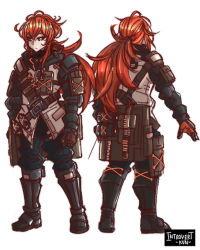 Rule 34 | 1boy, alternate costume, armor, artist name, bag, belt, boots, character sheet, diluc (genshin impact), genshin impact, gloves, harness, highres, introvert-kun, long hair, low-tied long hair, red eyes, red hair, scarf, shoulder armor, tactical clothes