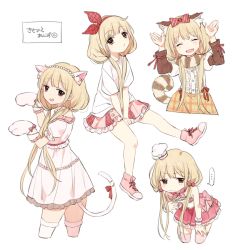 Rule 34 | 10s, animal ears, animal hands, between legs, blonde hair, brown eyes, cat ears, cat paws, cat tail, chef, chef hat, closed eyes, from side, futaba anzu, gloves, hand between legs, hat, idolmaster, idolmaster cinderella girls, looking at viewer, low twintails, mittens, multiple views, paw gloves, shirt, skirt, t-shirt, tail, tko (mmtmk), toque blanche, twintails