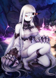 Rule 34 | abyssal ship, bad id, bad pixiv id, bare shoulders, breasts, claws, colored skin, detached sleeves, dress, full body, hand on own knee, horns, kantai collection, kneehighs, large breasts, long hair, on one knee, oonaka ito, red eyes, ribbed dress, ribbed legwear, ribbed sweater, seaport princess, short dress, sideboob, single horn, socks, solo, sweater, sweater dress, taut clothes, taut dress, underbust, very long hair, white dress, white hair, white skin