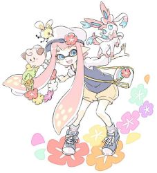 Rule 34 | 1girl, aqua eyes, bag, blue eyes, blue footwear, blue shirt, clefairy, comamawa, creatures (company), crossover, flower, full body, game freak, gen 1 pokemon, gen 6 pokemon, hair flower, hair ornament, head wreath, inkling, inkling girl, inkling player character, leaning forward, long hair, long sleeves, nintendo, open mouth, outstretched arms, pink hair, pointy ears, pokemon, pokemon (creature), shirt, shoes, short shorts, shorts, simple background, smile, socks, solo, source request, splatoon (series), spread arms, standing, sylveon, very long hair, white background, white sleeves, white socks, yellow shorts