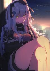 Rule 34 | 1girl, 416 day, absurdres, black hat, black jacket, black shorts, breasts, building, closed mouth, cloud, commentary request, cross, crossed arms, crossed legs, facial mark, feet out of frame, girls&#039; frontline, green eyes, grey hair, hair between eyes, hair ornament, hat, highres, hk416 (girls&#039; frontline), hk416 (mod3) (girls&#039; frontline), iron cross, jacket, long hair, looking at viewer, medium breasts, mini hat, outdoors, ryunosuke nikaido, short shorts, shorts, sitting, sky, solo, sunrise, very long hair