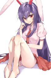 Rule 34 | 1girl, animal ears, ass, asuzemu, barefoot, collared shirt, female focus, hair between eyes, highres, knees up, long hair, looking at viewer, necktie, panties, pantyshot, pin, pink panties, pink shirt, playing with own hair, puffy short sleeves, puffy sleeves, purple hair, rabbit ears, red eyes, red necktie, red skirt, reisen udongein inaba, shirt, short sleeves, simple background, sitting, skirt, smile, solo, tie clip, touhou, underwear, very long hair, white background