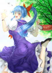 Rule 34 | 1girl, alternate hairstyle, ass, bag, bird, blue hair, bow, breasts, dress, hair bow, highres, kamishirasawa keine, large breasts, looking at viewer, looking back, neckerchief, open mouth, ototarou, ponytail, puffy short sleeves, puffy sleeves, purple dress, red eyes, running, shirt, short sleeves, smile, solo, touhou, tree, watch, wristwatch