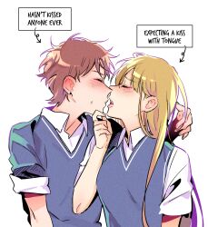 Rule 34 | 2girls, absurdres, arrow (symbol), blonde hair, blue sweater, blue sweater vest, blush, closed eyes, collared shirt, curryuku, english text, hanna schulerin, hasn&#039;t kissed anyone ever vs expecting a kiss with tongue (meme), highres, imminent kiss, long hair, meme, multiple girls, not so shoujo love story, profile, rei (not so shoujo love story), school uniform, shirt, short sleeves, simple background, sleeves rolled up, sweatdrop, sweater, sweater vest, upper body, white background, white shirt, yuri