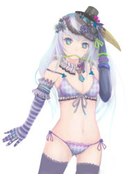 Rule 34 | 1girl, arm garter, black thighhighs, blue eyes, blue hair, bow, bow bra, bra, breasts, cleavage, detached collar, elbow gloves, flower, front-tie top, gloves, green eyes, hair flower, hair ornament, hat, highres, lingerie, looking at viewer, matching hair/eyes, mini hat, mini top hat, moekyon, mouth hold, multicolored hair, navel, necktie, panties, plaid, plaid bra, plaid panties, ribbon, ribbon in mouth, side-tie panties, silver hair, simple background, smile, solo, strap slip, striped clothes, striped gloves, thighhighs, top hat, underwear, underwear only