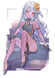 Rule 34 | 1girl, absurdres, bare shoulders, blue hair, blush, breasts, china dress, chinese clothes, closed mouth, commentary, dress, english commentary, flower, full body, gloves, gradient hair, grey dress, grey footwear, grey gloves, hair flower, hair ornament, high heels, highres, long hair, looking at viewer, multicolored hair, orange eyes, orange flower, original, pelvic curtain, saaal653, sitting, sleeveless, sleeveless dress, small breasts, solo, stairs