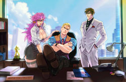 Rule 34 | 1girl, 2boys, alternate costume, breasts, brown hair, capcom, city, cleavage, cody travers, commission, crossed arms, final fight, formal, frown, guy (final fight), hair slicked back, hands in pockets, looking at viewer, mike haggar, multiple boys, office, poison (final fight), smile, street fighter, street fighter v, thighhighs, waistcoat, wallace pires, watch, window, wristwatch