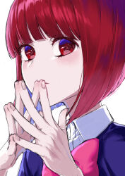 Rule 34 | 1girl, arima kana, blue jacket, blunt bangs, bob cut, bow, bowtie, collared shirt, commentary, dress shirt, hanezu (hanezu i), highres, inverted bob, jacket, looking at viewer, medium hair, oshi no ko, parted lips, pink bow, pink bowtie, red eyes, red hair, school uniform, shadow, shirt, simple background, solo, steepled fingers, upper body, white background, white shirt, youtou high school uniform