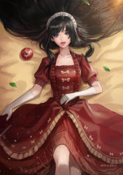 Rule 34 | 1girl, absurdres, agape, apple, black hair, blue eyes, collarbone, dress, feet out of frame, food, fruit, glint, gloves, hair ribbon, hair spread out, hand on own stomach, headdress, highres, knee up, layered dress, leaf, light particles, lips, lipstick, long glove, long hair, looking at viewer, lying, makeup, on back, original, parted lips, puffy short sleeves, puffy sleeves, red dress, red lips, ribbon, short sleeves, skirt hold, solo, swept bangs, tan background, twitter username, very long hair, white gloves