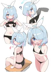 Rule 34 | 1girl, :d, ?, arona (blue archive), bikini, black bikini, blue archive, blue eyes, blue hair, blush, bow hairband, breasts, closed mouth, colored inner hair, hair over one eye, hairband, highres, leaning forward, lifted by self, lifting another&#039;s clothes, looking at viewer, medium hair, multicolored hair, multiple views, navel, open mouth, pink hair, sitting, small breasts, smile, sound effects, standing, stomach, string, swimsuit, translated, yabai gorilla