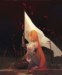 Rule 34 | 1girl, absurdly long hair, absurdres, armor, armored dress, banner, black legwear, blonde hair, dress, closed eyes, fate/apocrypha, fate (series), faulds, full body, gauntlets, headpiece, highres, holding, jeanne d&#039;arc (fate), jeanne d&#039;arc (ruler) (fate), long hair, planted, planted sword, planted weapon, profile, sitting, solo, sword, very long hair, weapon, white dress, wjx724888319