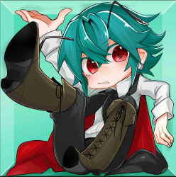 Rule 34 | 1girl, antennae, bad id, bad twitter id, bifrst, boots, box, cape, chibi, earrings, green hair, high heel boots, high heels, highres, in box, in container, jewelry, red eyes, short hair, solo, touhou, wriggle nightbug