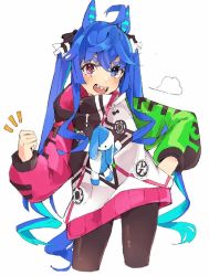 Rule 34 | 1girl, ahoge, animal ears, bad id, bad twitter id, blue eyes, blue hair, blush, brown legwear, clenched hand, cropped legs, hand on own hip, heterochromia, hood, hood down, hoodie, horse ears, horse girl, horse tail, long sleeves, looking at viewer, notice lines, open mouth, red eyes, sharp teeth, simple background, smile, solo, stuffed animal, stuffed rabbit, stuffed toy, tail, techi (siro-white 0803), teeth, thick eyebrows, twin turbo (umamusume), twintails, umamusume, upper body, white background