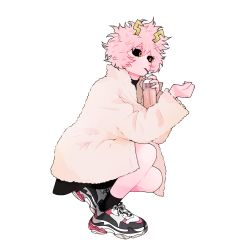 Rule 34 | 1girl, absurdres, ashido mina, black sclera, black skirt, black socks, boku no hero academia, bottle, colored sclera, colored skin, drinking, drinking straw, full body, highres, horns, long sleeves, looking to the side, pink footwear, pink hair, pink skin, shoes, short hair, skirt, sneakers, socks, solo, squatting, xsirneilx, yellow eyes