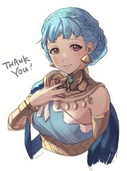 Rule 34 | 1girl, armlet, bare shoulders, blue hair, blush, braid, breasts, brown eyes, circlet, cleavage, closed mouth, crown braid, dancer, dancer (fire emblem: three houses), dress, earrings, fire emblem, fire emblem: three houses, fire emblem heroes, highres, jewelry, large breasts, long hair, looking at viewer, marianne von edmund, medium breasts, misokatsuhaumai, necklace, nintendo, official alternate costume, simple background, single-shoulder dress, smile, solo, upper body