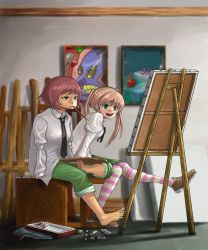 Rule 34 | 10s, 2girls, :d, amputee, armless amputee, art brush, barefoot, bow, brown hair, bukimi isan, canvas (object), double amputee, easel, green eyes, highres, ibarazaki emi, katawa shoujo, loafers, mouth hold, multiple girls, necktie, open mouth, paintbrush, painting (action), palette (object), puffy sleeves, red hair, school uniform, shoes, smile, striped clothes, striped thighhighs, tezuka rin, thighhighs, twintails