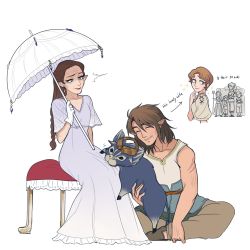 Rule 34 | aged up, animal, braid, braided ponytail, brown hair, dress, gloves, highres, if they mated, ilia, ilia (zelda), link, mims (mimimon), nintendo, parasol, pointy ears, princess zelda, scar, simple background, sitting, sleeveless, smile, speech bubble, the legend of zelda, the legend of zelda: twilight princess, umbrella, white gloves