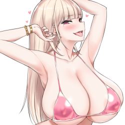 Rule 34 | 1girl, armpits, arms up, barbell piercing, bikini, bracelet, breasts, cleavage, close-up, collarbone, ear piercing, earrings, heart, heart-shaped pupils, heart earrings, huge breasts, industrial piercing, jewelry, long hair, mole, mole under eye, mole under mouth, nail polish, nakamura misaki, nanae, original, pearl bracelet, piercing, simple background, solo, standing, swimsuit, symbol-shaped pupils, tongue, upper body, white background