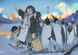 Rule 34 | 1girl, 6+others, :d, absurdres, animal, arknights, backpack, bag, bird, bird mask, black coat, black footwear, brown eyes, brown hair, cloud, coat, day, earrings, full body, gloves, highres, holding, hood, hood down, hooded coat, ice skates, infection monitor (arknights), jewelry, jumbowhopper, long sleeves, looking at viewer, magallan (arknights), mask, mask around neck, mountain, multicolored hair, multiple others, open mouth, ornament, outdoors, penguin, short hair, single earring, skates, sky, smile, snow, streaked hair, theodolite, v, white gloves, white hair, winter clothes, winter coat