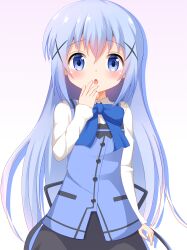Rule 34 | 1girl, absurdres, black skirt, blue bow, blue eyes, blue hair, blue vest, blush, bow, chestnut mouth, collared shirt, commentary request, gochuumon wa usagi desu ka?, gradient background, hair between eyes, hair ornament, hand to own mouth, hand up, highres, kafuu chino, long hair, long sleeves, looking at viewer, parted lips, pink background, rabbit house uniform, shin01571, shirt, skirt, sleeves past wrists, solo, uniform, very long hair, vest, waitress, white background, white shirt, x hair ornament