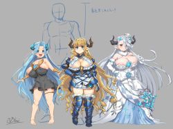 Rule 34 | 3girls, areola slip, armor, armored boots, armored dress, bare shoulders, blonde hair, blue eyes, blue hair, boots, breasts, brown eyes, cleavage, comparison, draph, dress, flower, gloves, granblue fantasy, hair between eyes, hair flower, hair ornament, highres, horns, huge breasts, izmir, jewelry, long hair, looking at viewer, lyria (granblue fantasy), multiple girls, obui, open mouth, pointy ears, razia, short dress, silver hair, smile, standing, very long hair, white gloves
