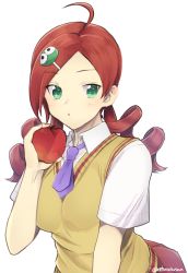 Rule 34 | 1girl, apple, breasts, character request, drill hair, food, fruit, green eyes, hair ornament, long hair, looking at viewer, medium breasts, murata tefu, necktie, open mouth, red hair, school uniform, simple background, skirt, solo, twin drills, white background