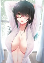 Rule 34 | 1girl, ;o, ahoge, arm behind head, arms up, backlighting, bangs, black hair, breasts, cleavage, collarbone, collared shirt, curtains, dress shirt, eyebrows visible through hair, glasses, green eyes, hair between eyes, highres, indoors, jewelry, kyuunosuke (lactis09), large breasts, long hair, looking at viewer, naked shirt, navel, necklace, no bra, one eye closed, open mouth, original, red-framed eyewear, semi-rimless eyewear, shirt, solo, stomach, stretch, unbuttoned, unbuttoned shirt, under-rim eyewear, upper body, waking up, window, wing collar, yawning