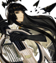 Rule 34 | 1girl, absurdres, arknights, artist name, ascot, black ascot, black eyes, black gloves, black hair, black halo, black wings, blunt bangs, bow (music), broken halo, cello, chinese commentary, chinese text, closed mouth, collared jacket, commentary request, cropped torso, dark halo, detached wings, elbow gloves, energy wings, eyelashes, floating hair, from side, gloves, halo, hands up, highres, hime cut, holding, holding bow (music), holding instrument, holding violin, instrument, jacket, layered sleeves, light smile, long hair, long sleeves, looking at viewer, music, pale skin, playing, playing instrument, profile, short over long sleeves, short-sleeved jacket, short sleeves, sidelocks, sideways glance, simple background, solo, standing, upper body, very long hair, violin, virtuosa (arknights), watermark, weibo 6369826941, weibo logo, weibo watermark, white background, white jacket, wide sleeves, wing collar, wings