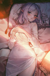 Rule 34 | 1girl, absurdres, bed sheet, blanket, blush, collarbone, dress, elf, grey eyes, grey hair, hands on own chest, head tilt, highres, light, long sleeves, looking at viewer, lying, meoyo, on back, on bed, original, parted bangs, parted lips, pelvic curtain, pillow, pointy ears, see-through, see-through sleeves, short hair, smile, solo, white dress
