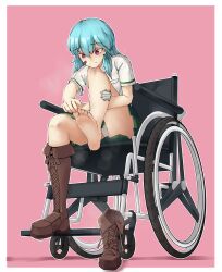 Rule 34 | 1girl, aqua hair, bandaged leg, bandages, bandaid, bandaid on face, barefoot, boots, border, brown footwear, chinese commentary, closed mouth, commentary request, feet, foot up, full body, green skirt, hair between eyes, hakurei fling, highres, knee up, long hair, miniskirt, original, panties, pink background, pleated skirt, purple eyes, short sleeves, sidelocks, single boot, sitting, skirt, smell, soles, solo, steaming body, toes, underwear, wheelchair, white border, white panties